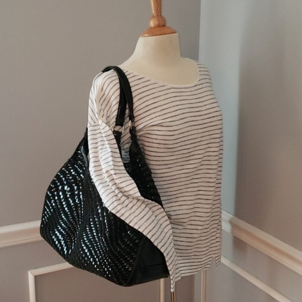 COLE HAAN Triangle Black Patent Suede Leather Basket Weave Shoulder Satchel Bag
